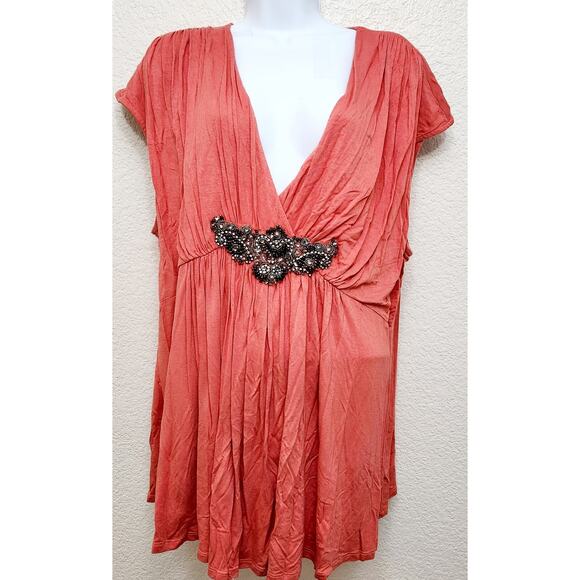 K. Jordan Orange Pleated Beading Bodice Top 2X Plus Short Sleeve Flowy Soft - Picture 1 of 5